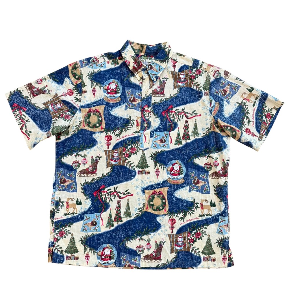 Reyn Spooner Mele Kalikimaka Christmas Hawaiian Shirt Mens XL Blue Pullover
